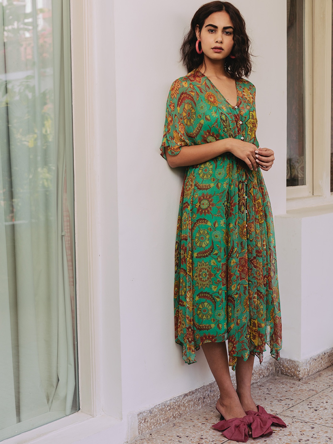 

aarke Ritu Kumar Green & Rust Brown Floral Printed Chiffon A-Line Midi Dress