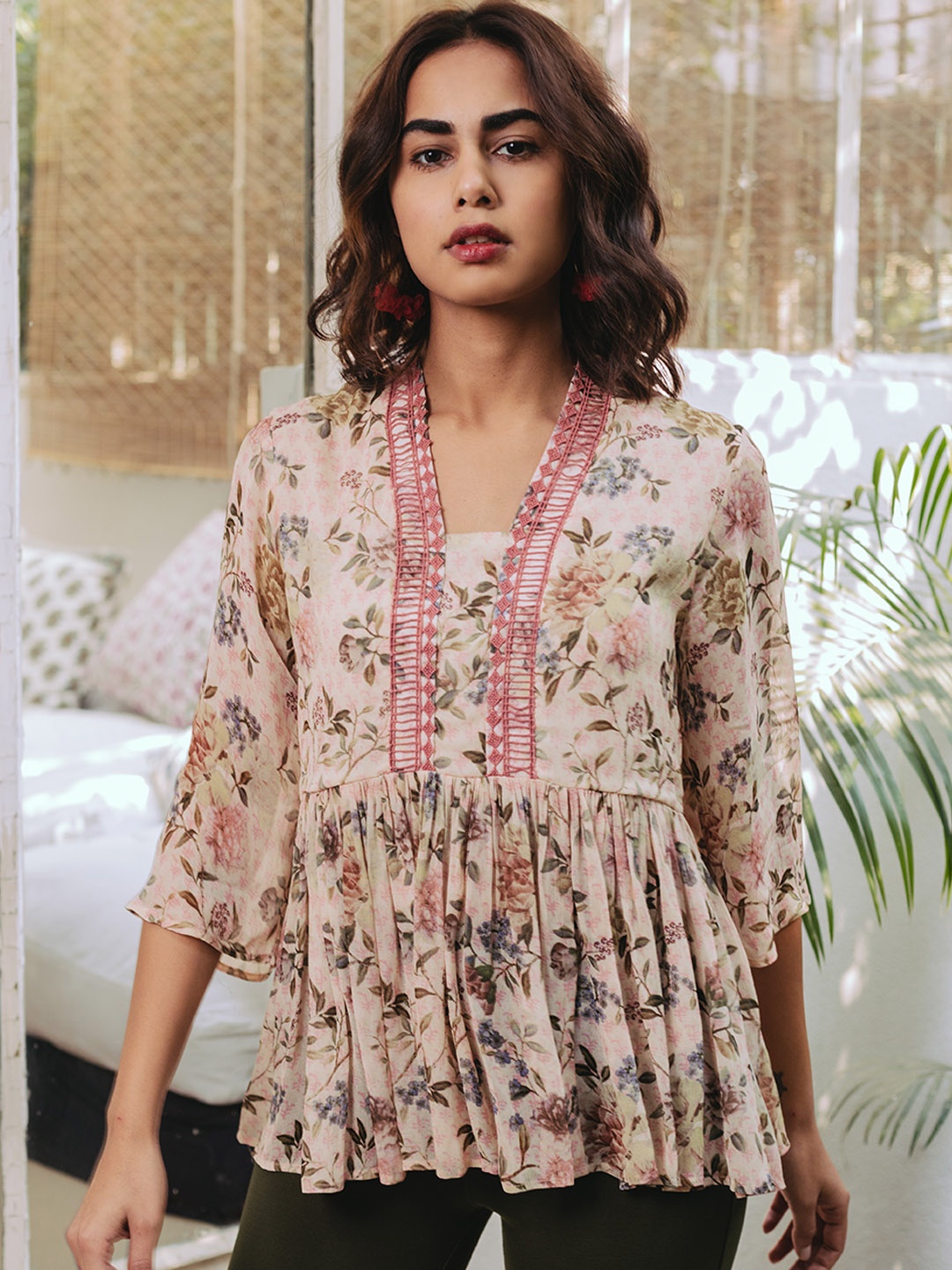 

aarke Ritu Kumar Pink & Green Floral Printed A-Line Top