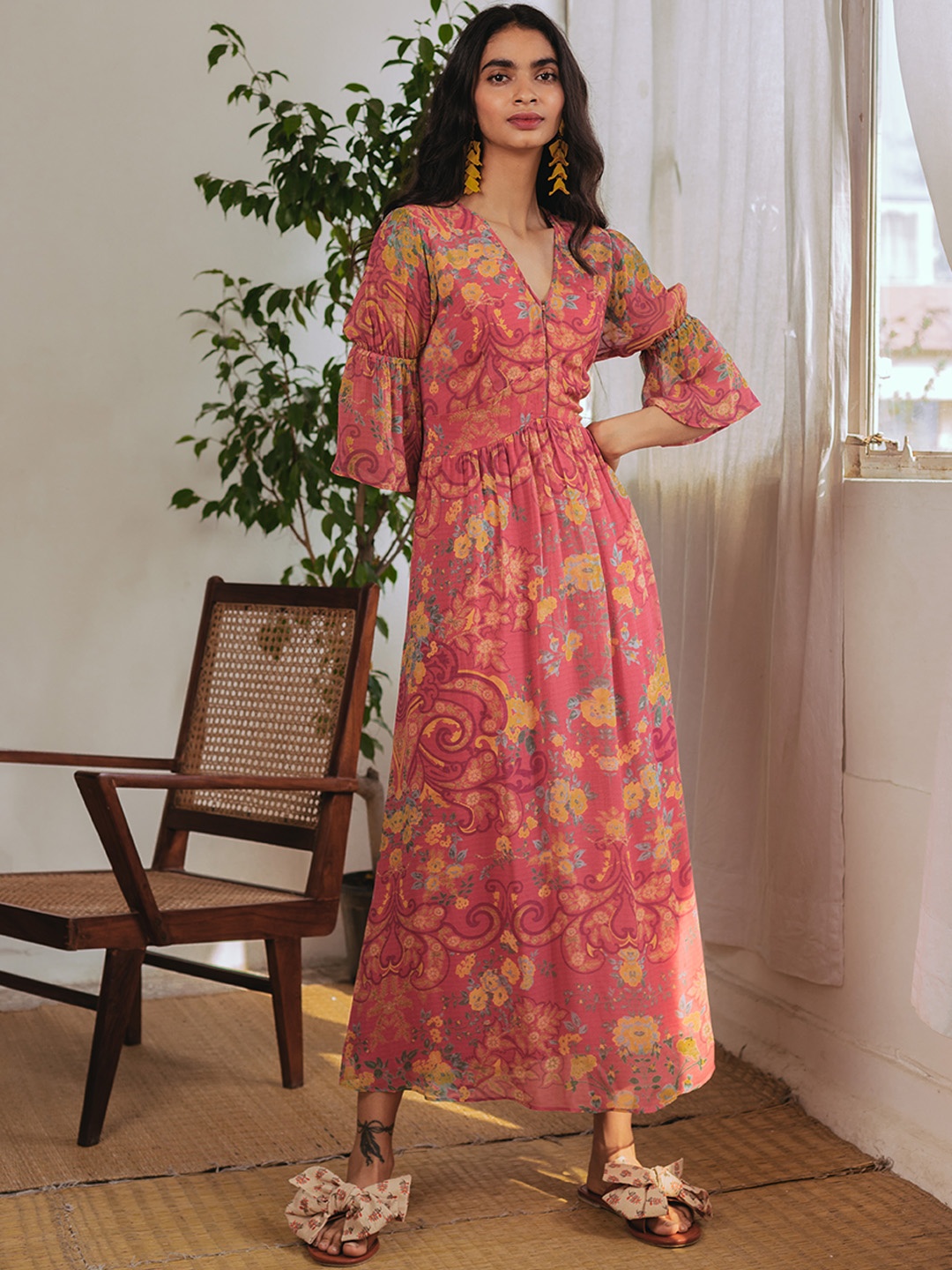 

aarke Ritu Kumar Women Pink & Yellow Floral Print Maxi Dress