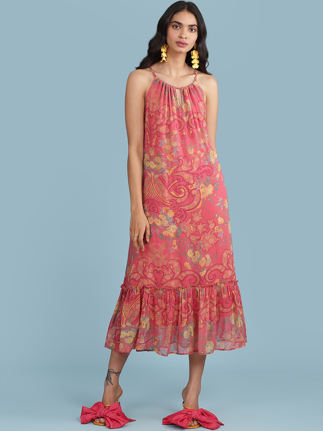 

aarke Ritu Kumar Women Pink & Yellow Floral Print Halter Neck A-Line Midi Dress