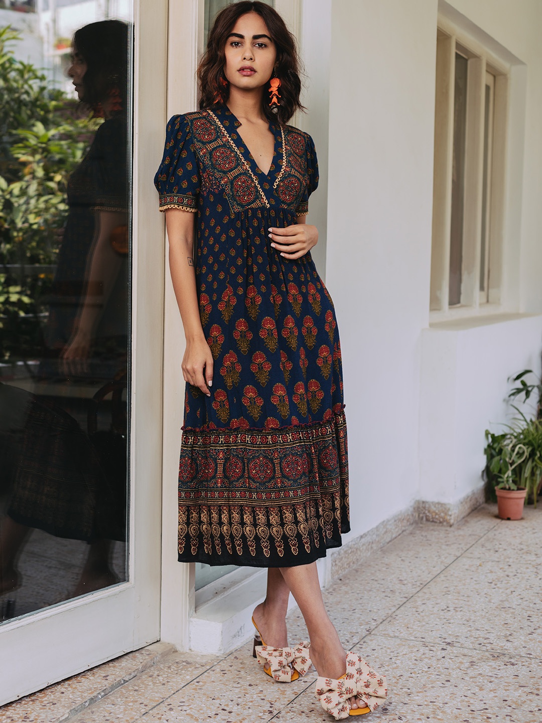 

aarke Ritu Kumar Navy Blue & Rust Red Ethnic Motifs Midi Wrap Dress