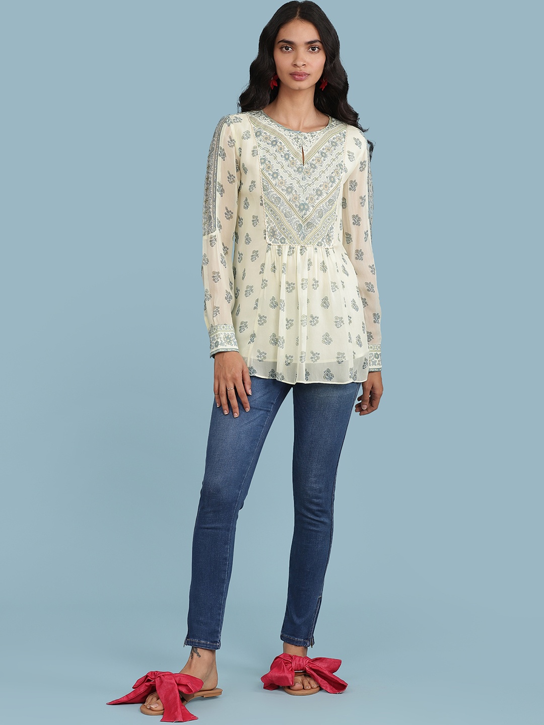 

aarke Ritu Kumar Lemon Yellow & Green Keyhole Neck Gathered A-Line Top