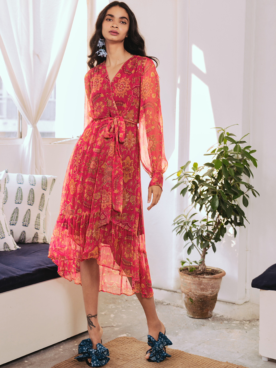 

aarke Ritu Kumar Women Red Ethnic Motifs Wrap Dress with Belt