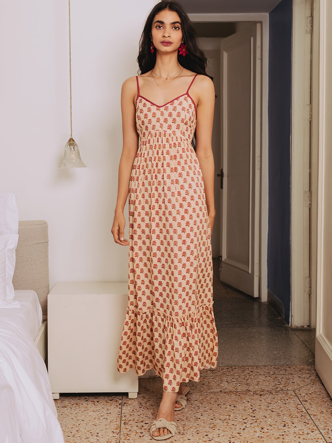 

aarke Ritu Kumar Women Cream-Colored & Red Floral Maxi Dress