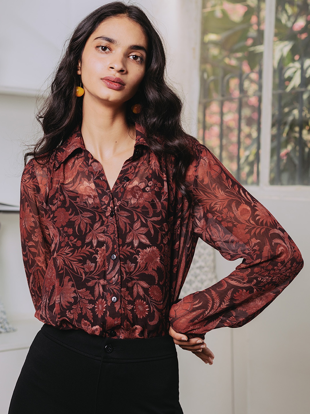 

aarke Ritu Kumar Women Maroon Floral Printed Casual Shirt