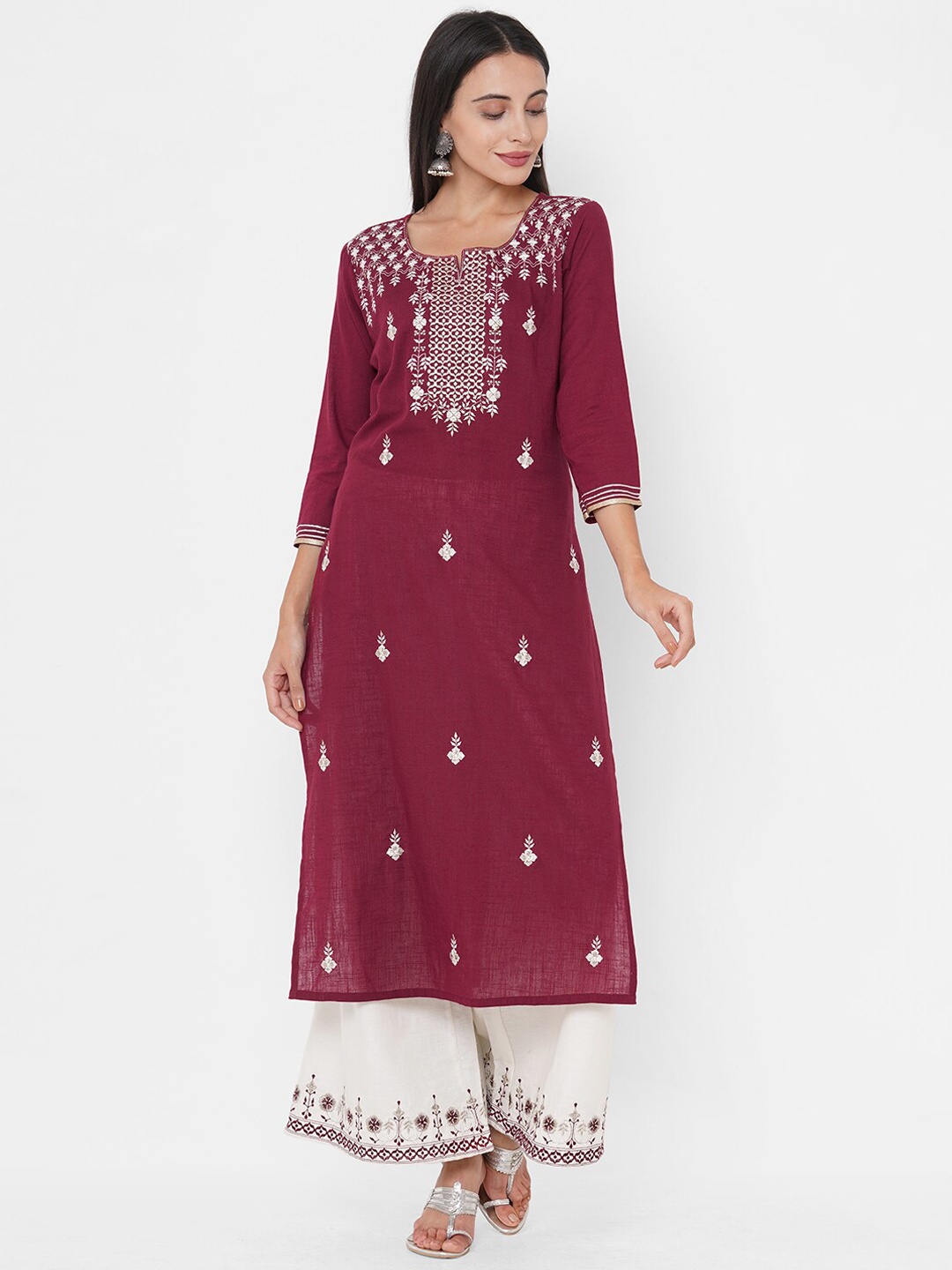 

FASHOR Women Maroon Embroidered Layered Anarkali Keyhole Neck Pure Cotton Kurti