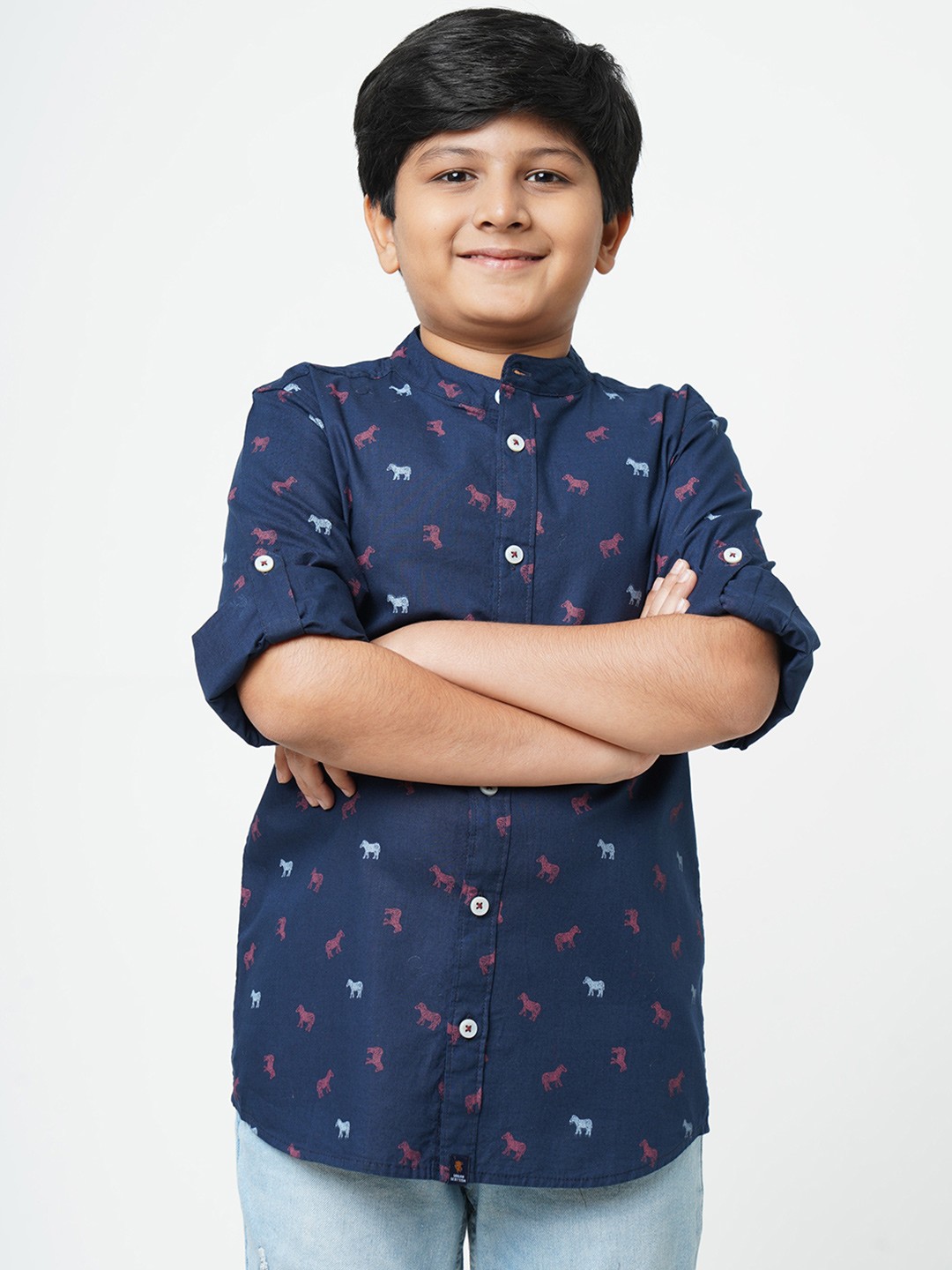 

URBAN SCOTTISH Boys Navy Blue & Red Regular Fit Printed Casual Shirt
