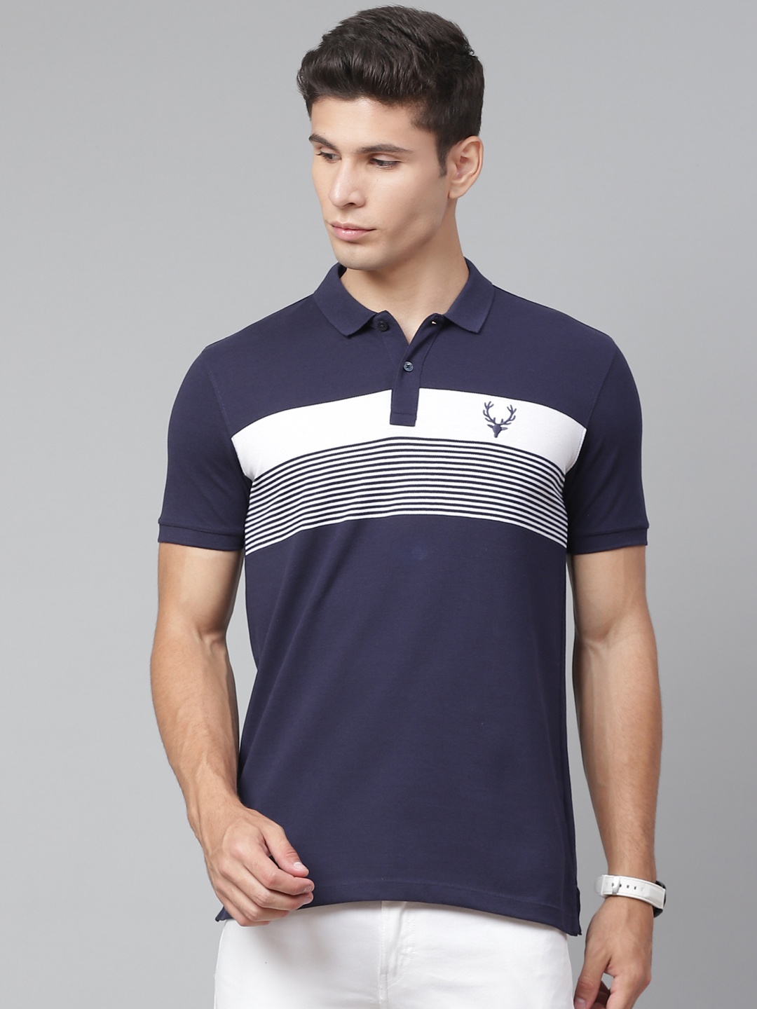 

Allen Solly Sport Men Navy Blue & White Striped Polo Collar T-shirt