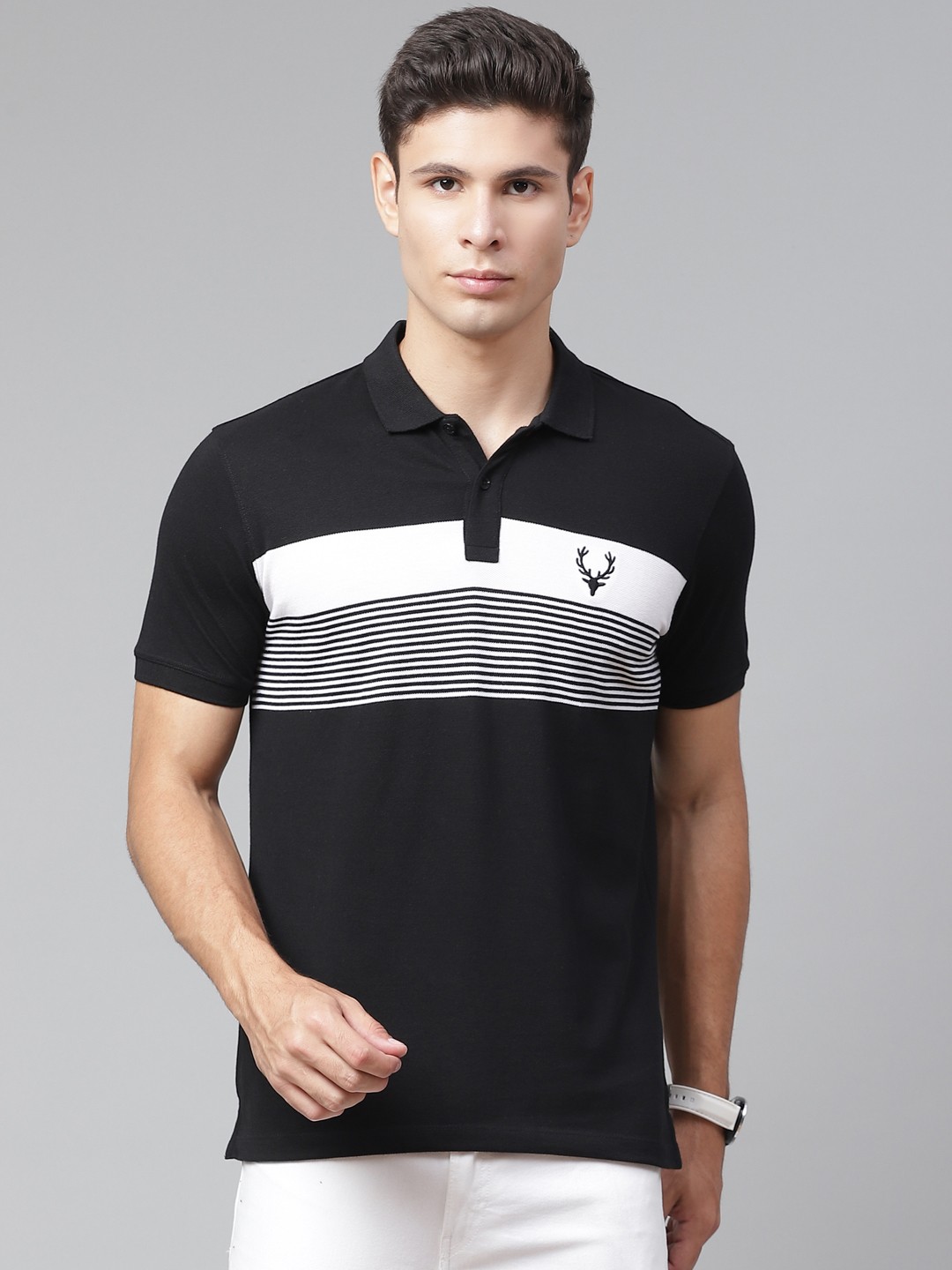 

Allen Solly Sport Men Black & White Striped Polo Collar Monochrome T-shirt