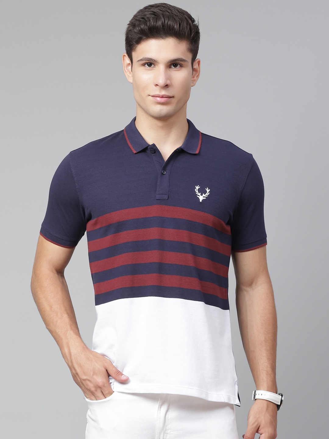 

Allen Solly Sport Men Navy Blue & White Striped Polo Collar T-shirt