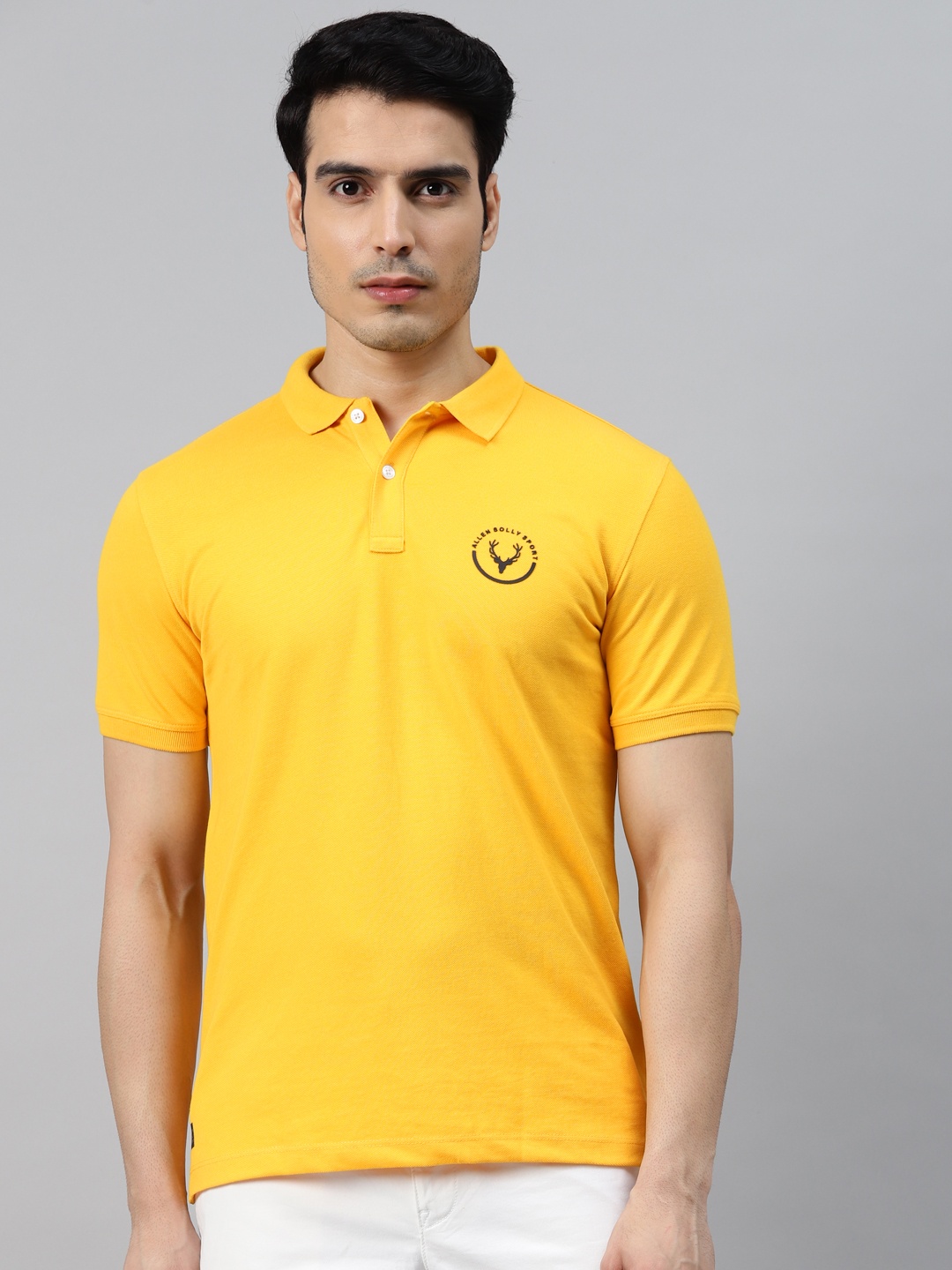 

Allen Solly Sport Men Mustard Yellow Varsity Printed Back Polo Collar T-shirt