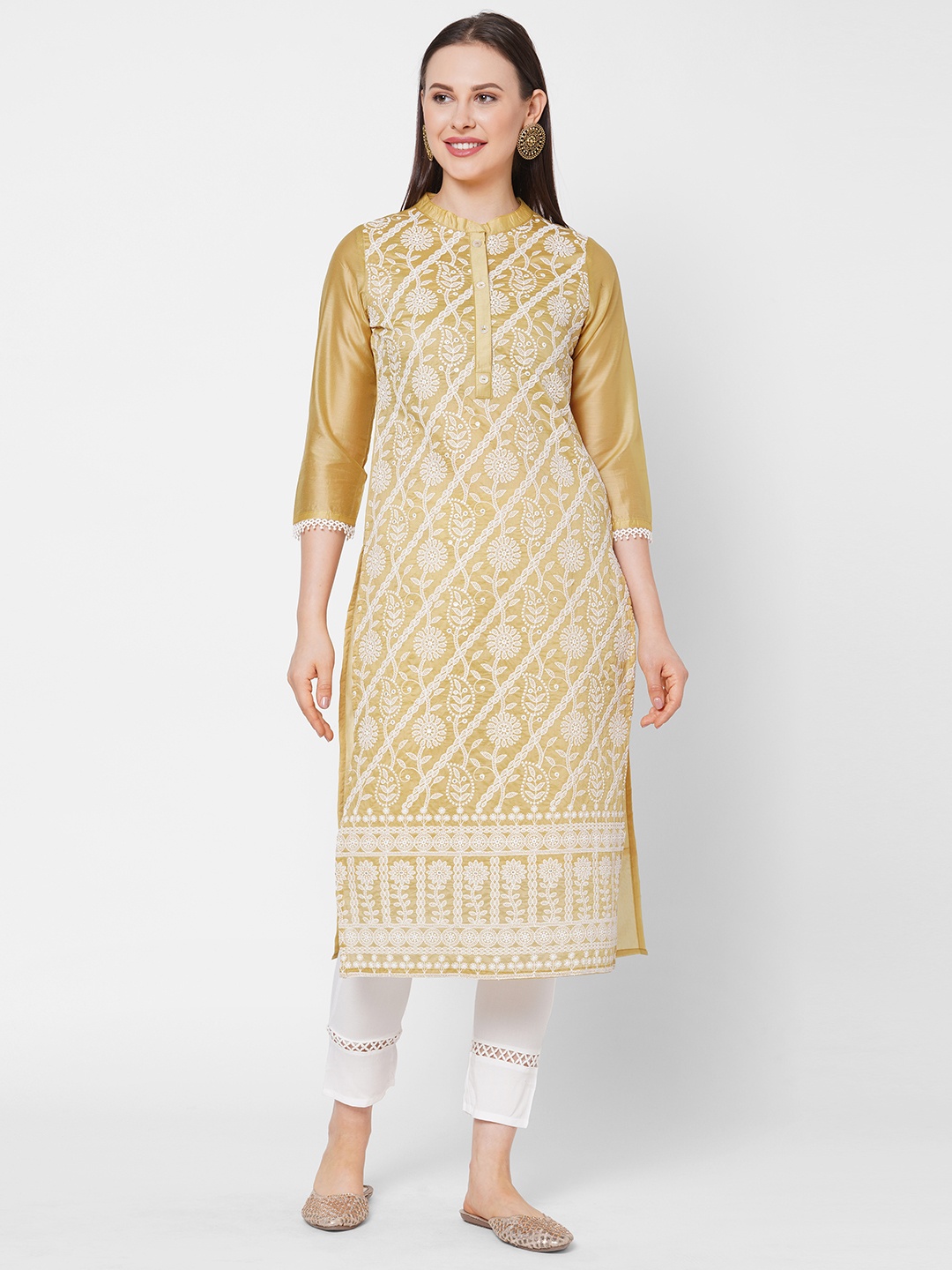 

Os Women Mustard Yellow & Beige Floral Printed Chanderi Silk Kurta with Trousers