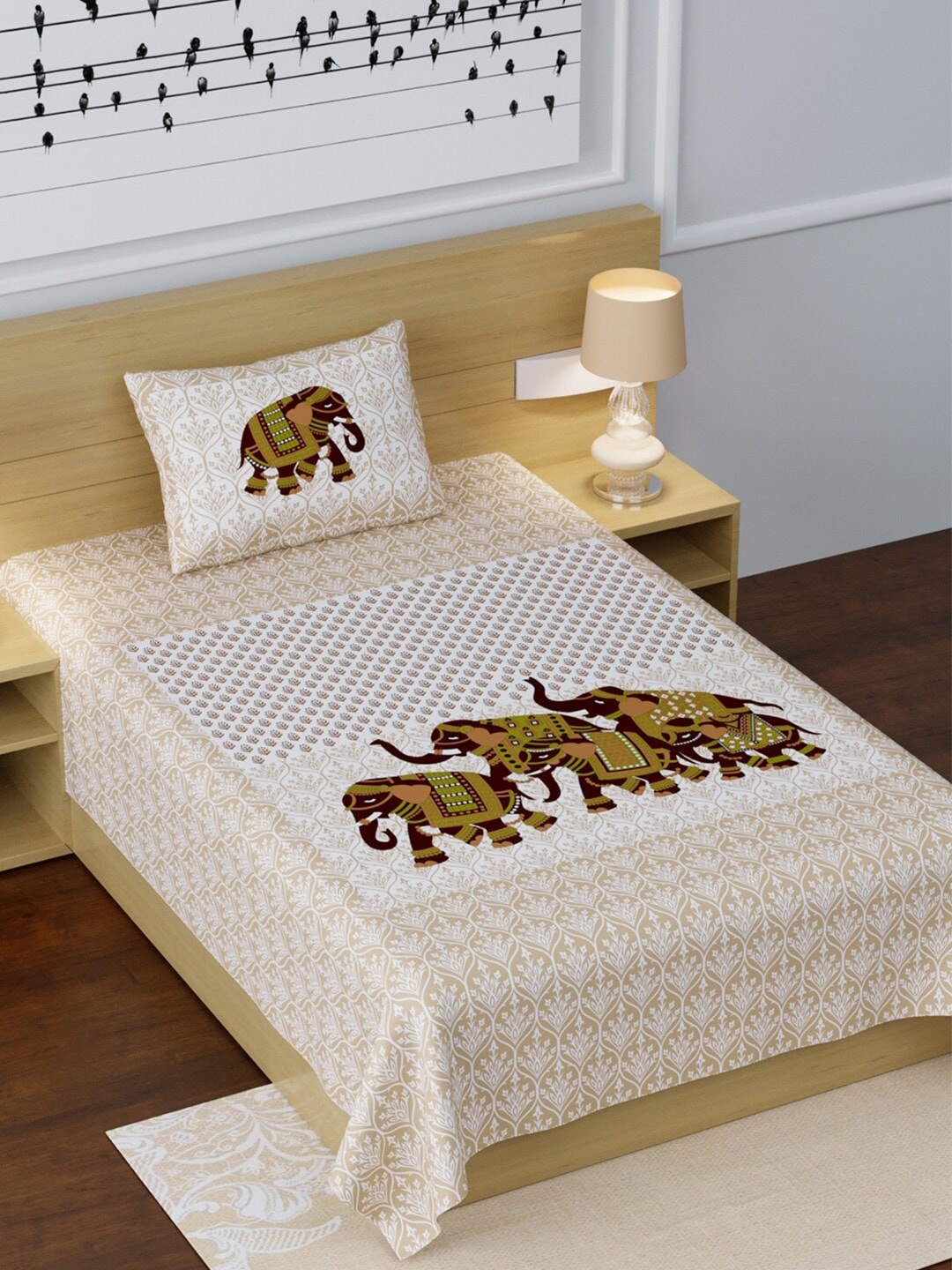 

LIVING ROOTS Cream & Brown Ethnic Motifs 210 TC Cotton Single Bedsheet & 1 Pillow Covers