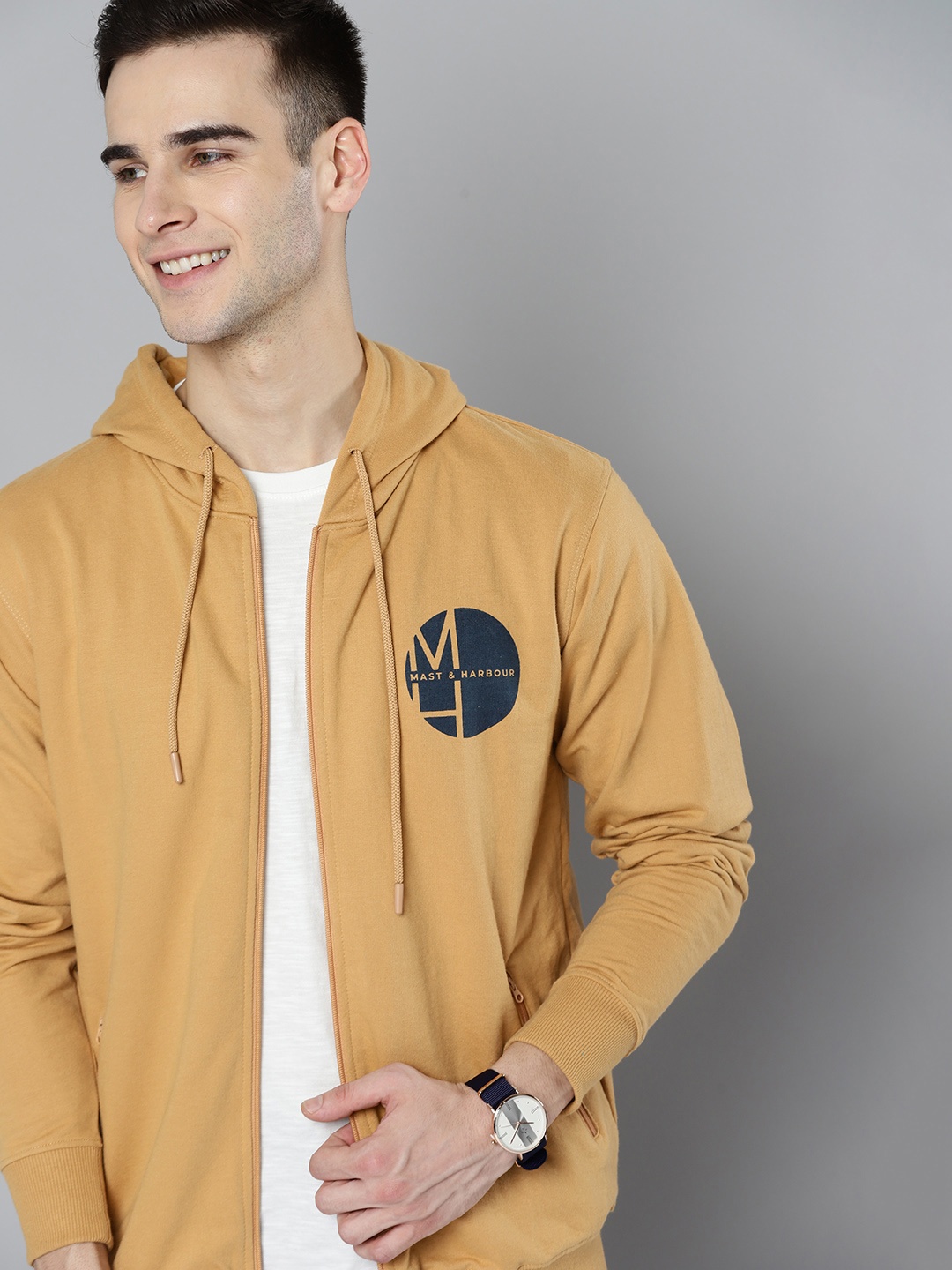 

Mast & Harbour Men Beige Brand Logo Printed Hooded Sweatshirt