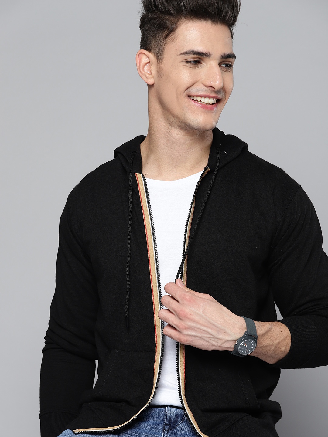 

Mast & Harbour Men Black Solid Hooded Sweatshirt with Zip Taping Detail