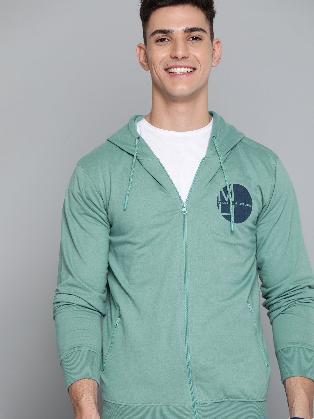 

Mast & Harbour Men Green Solid Hooded Sweatshirt