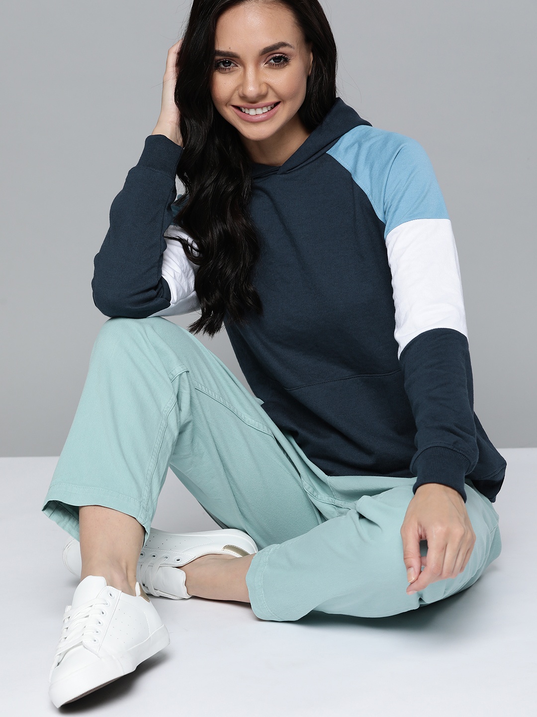 

Mast & Harbour Women Blue & White Hooded Sweatshirt