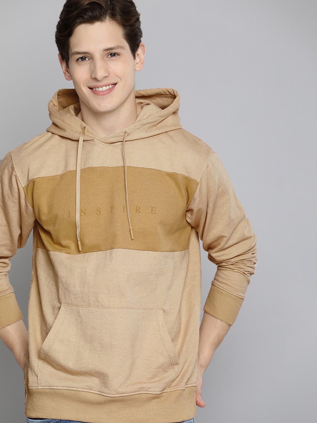 

Mast & Harbour Men Beige Colourblocked Hooded Pullover Sweatshirt