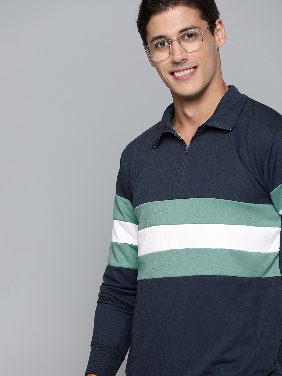 

Mast & Harbour Men Navy Blue Striped Mock Collar Sweatshirt