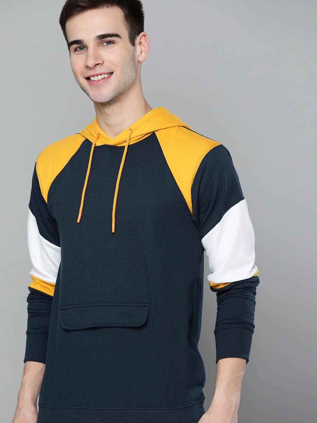 

Mast & Harbour Men Navy Blue & Yellow Colourblocked Hooded Pullover Sweatshirt