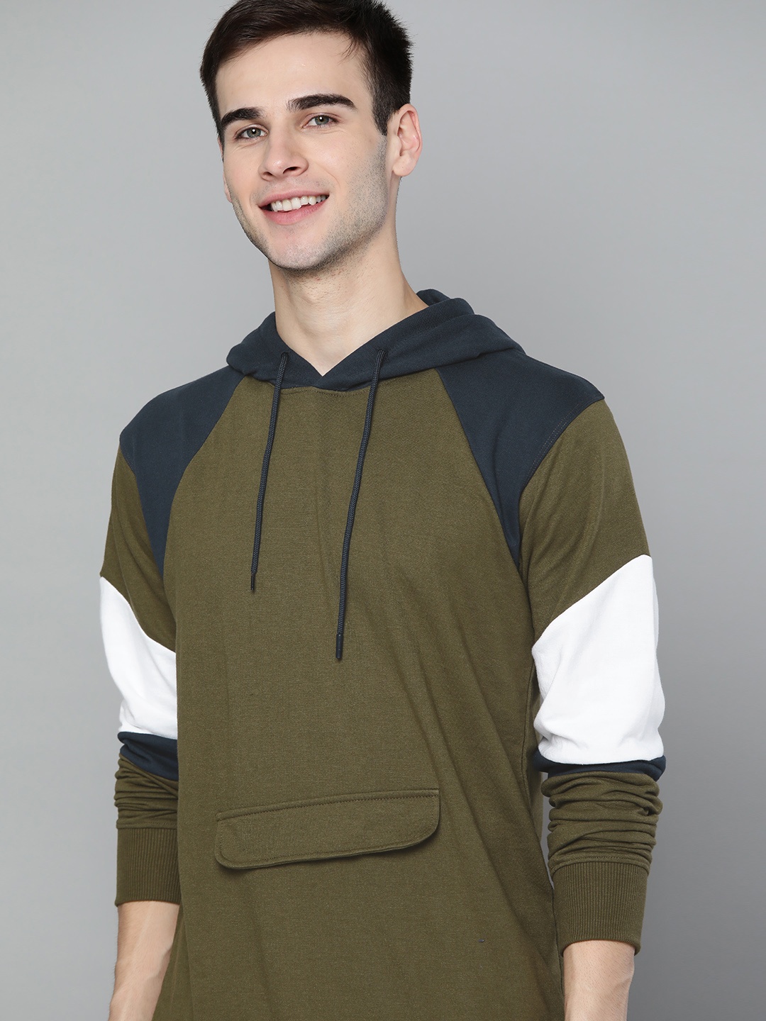 

Mast & Harbour Men Olive Green & Navy Blue Colourblocked Hooded Pullover Sweatshirt