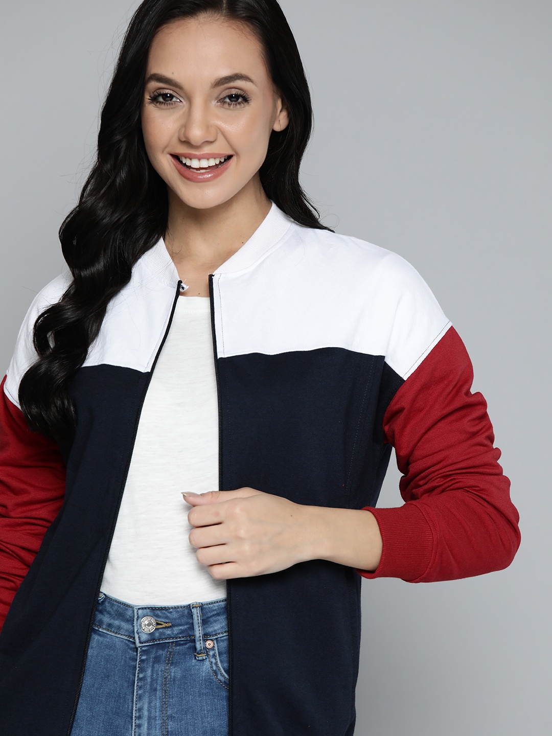 

Mast & Harbour Women Navy Blue & White Colourblocked Sweatshirt