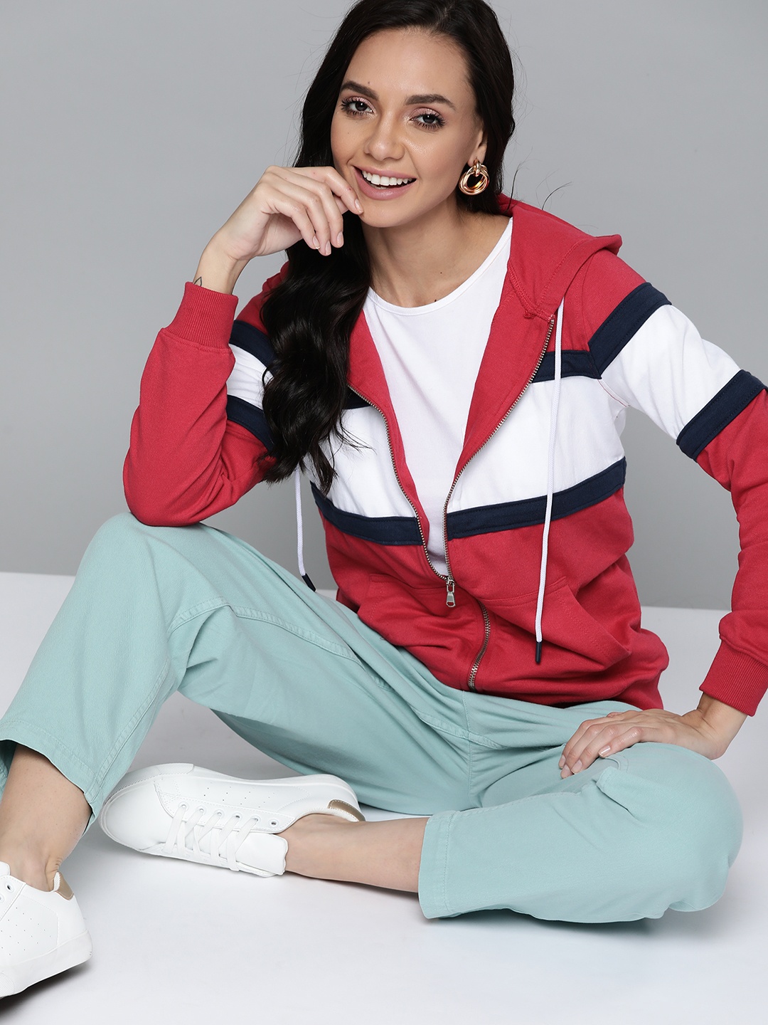 

Mast & Harbour Women Red & White Colourblocked Hooded Sweatshirt
