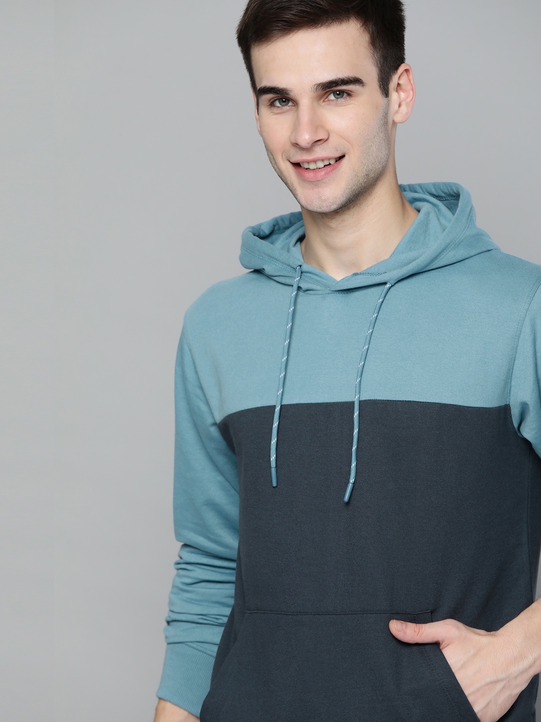 

Mast & Harbour Men Navy Blue Colourblocked Hooded Pullover Sweatshirt
