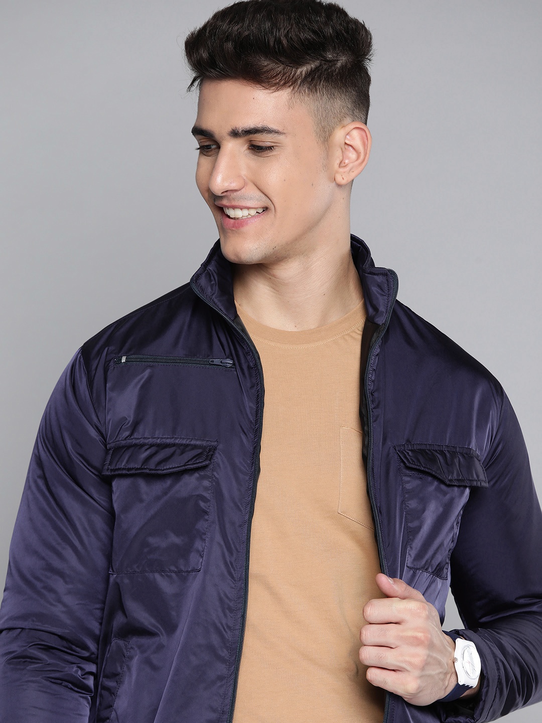 

Mast & Harbour Men Navy Blue Solid Bomber Jacket