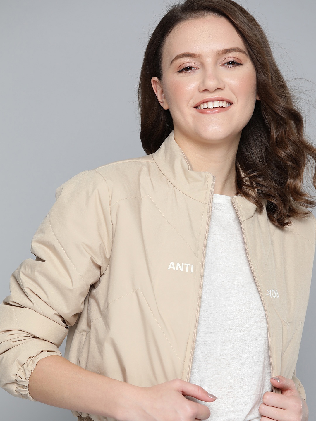 

Mast & Harbour Women Beige Solid Bomber Jacket
