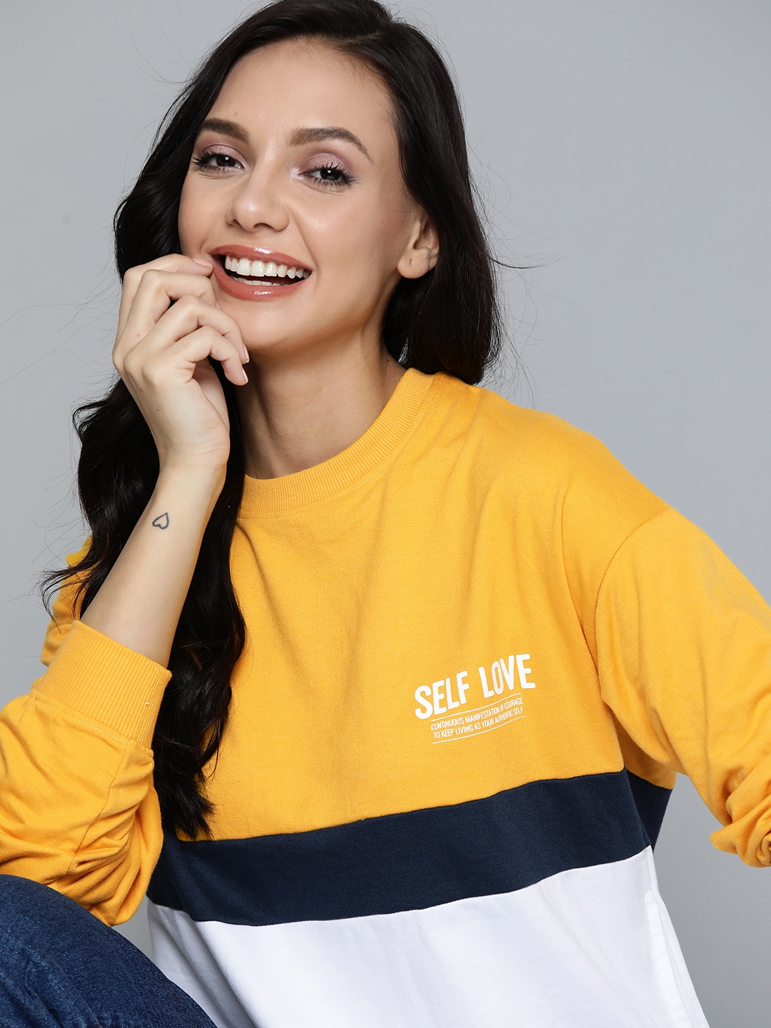 

Mast & Harbour Women Mustard Yellow & White Colourblocked Sweatshirt