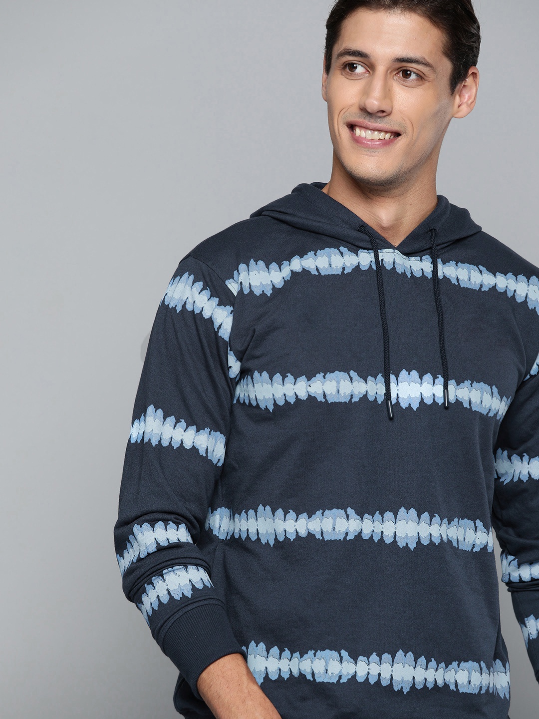 

Mast & Harbour Men Navy Blue Dyed Print Hooded Sweatshirt