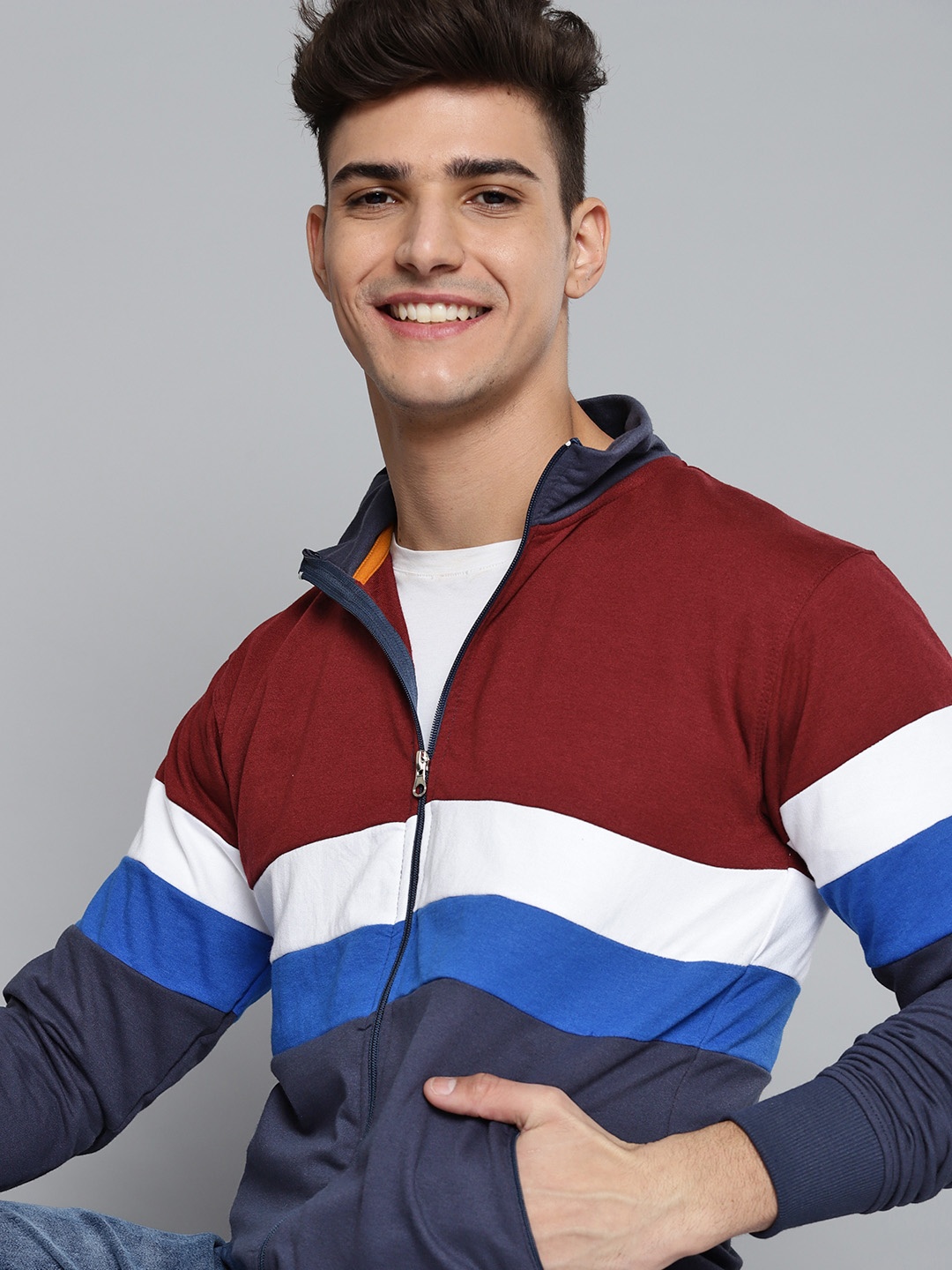 

Mast & Harbour Men Maroon & Blue Striped Sweatshirt