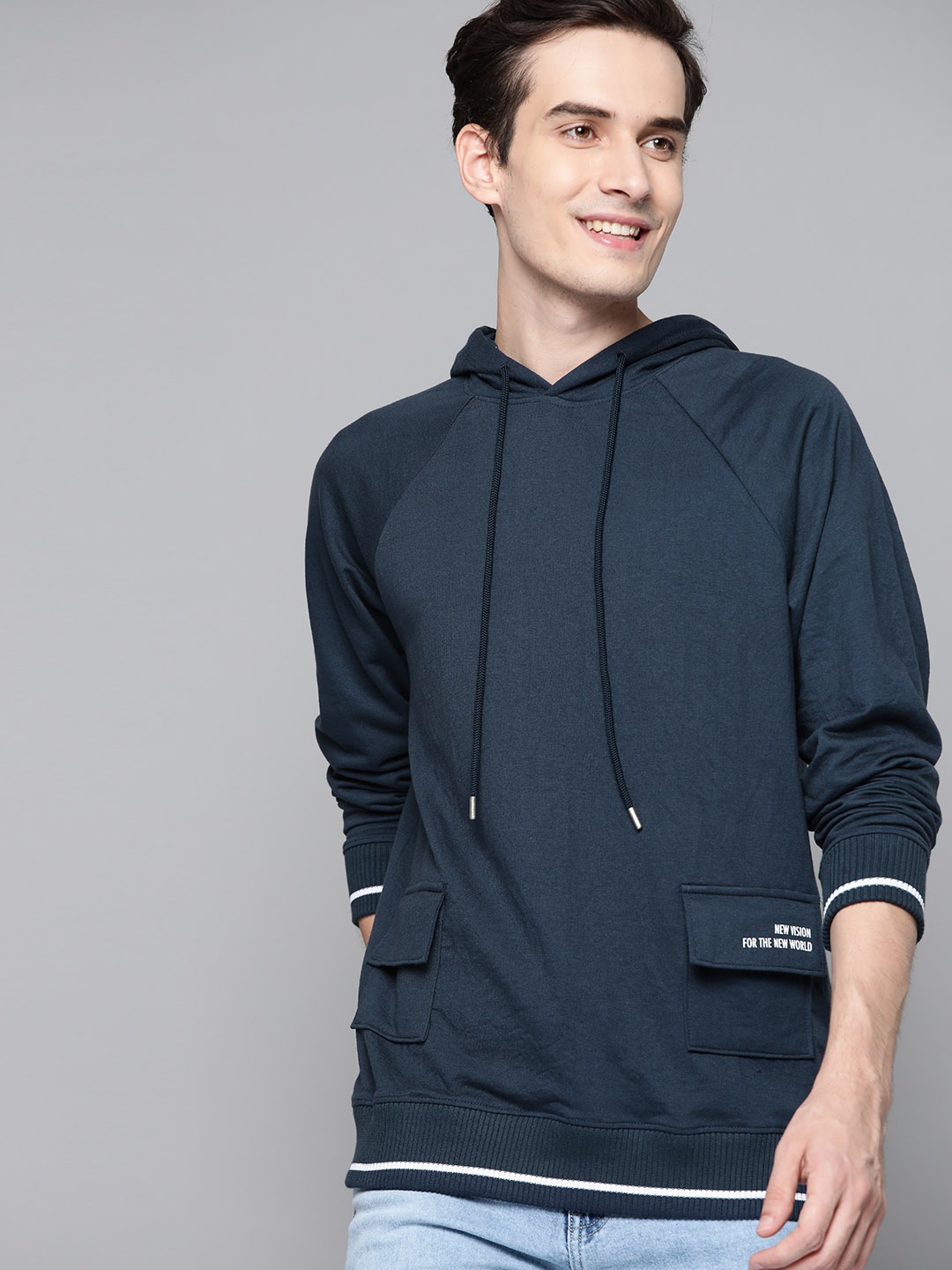 

Mast & Harbour Men Navy Blue Solid Hooded Sweatshirt