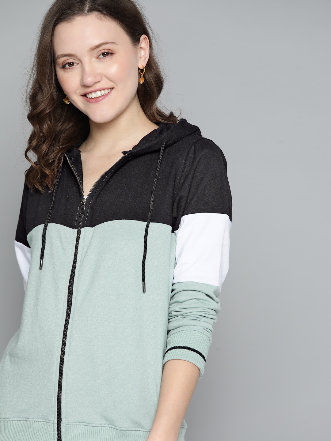 

Mast & Harbour Women Black & Green Colourblocked Hooded Sweatshirt