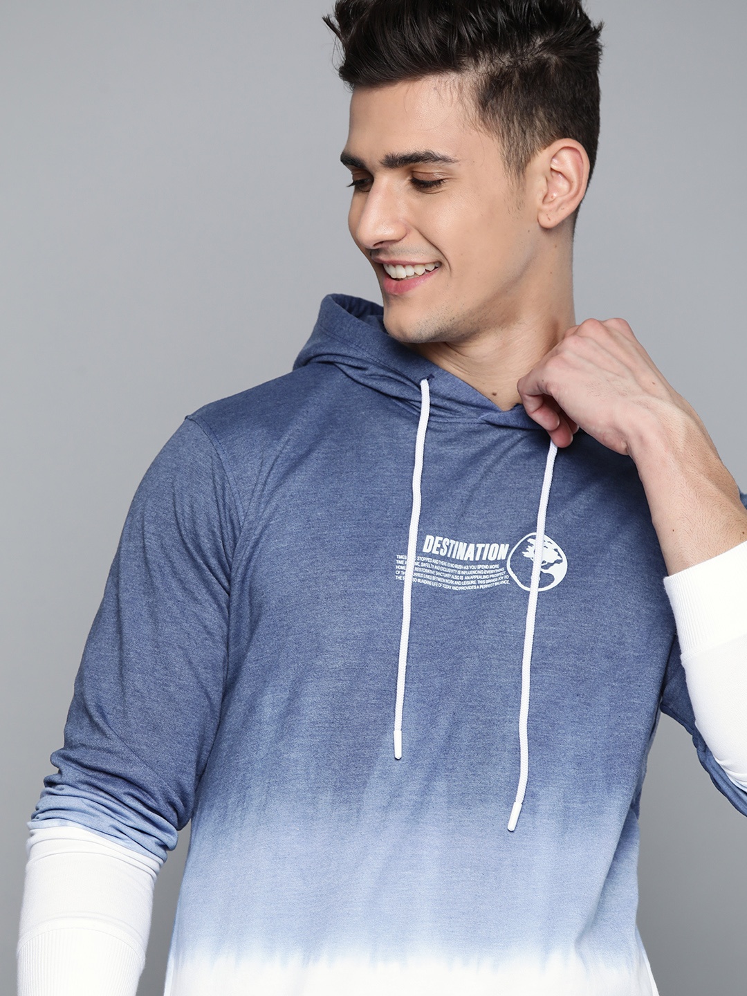 

Mast & Harbour Men Blue & White Colourblocked Ombre Hooded Sweatshirt