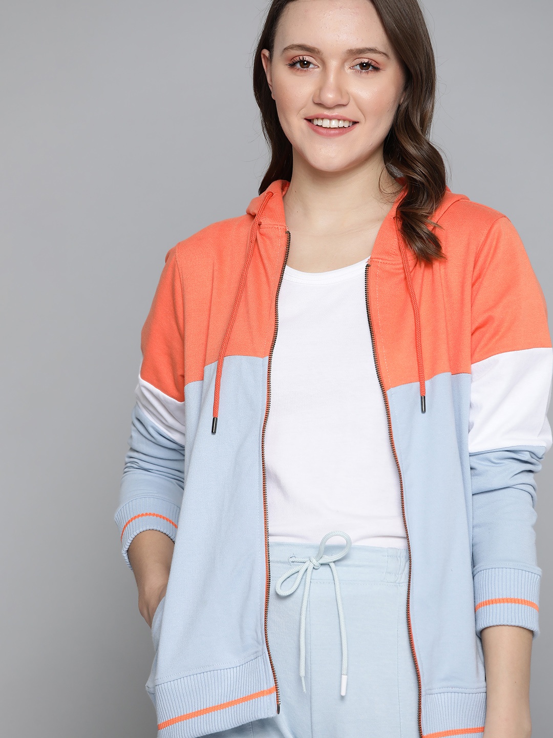 

Mast & Harbour Women Coral Orange & Blue Colourblocked Hooded Sweatshirt