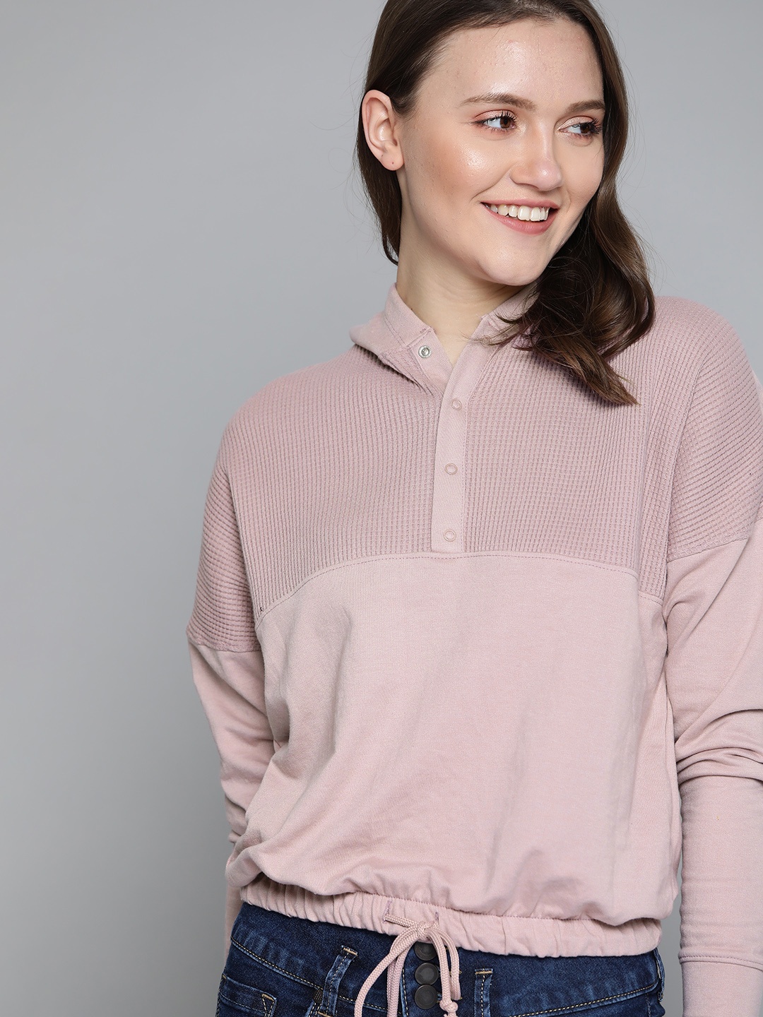

Mast & Harbour Women Pink Self-Design Hooded Sweatshirt