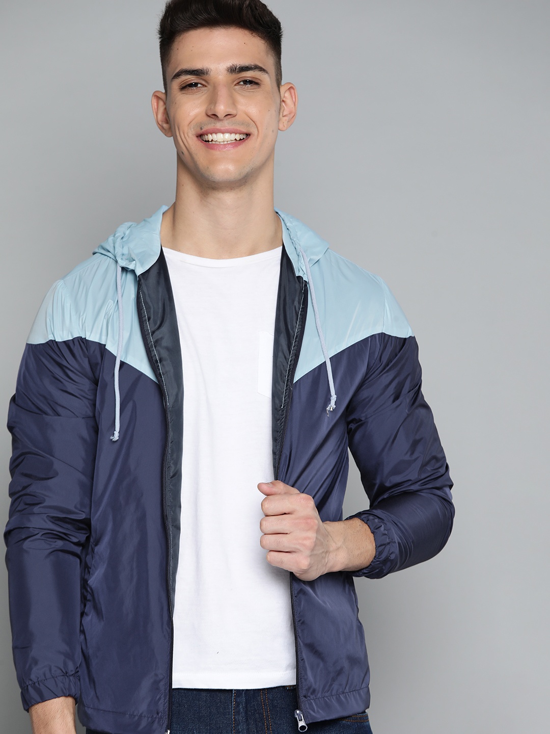 

Mast & Harbour Men Blue Colourblocked Hooded Tailored Jacket