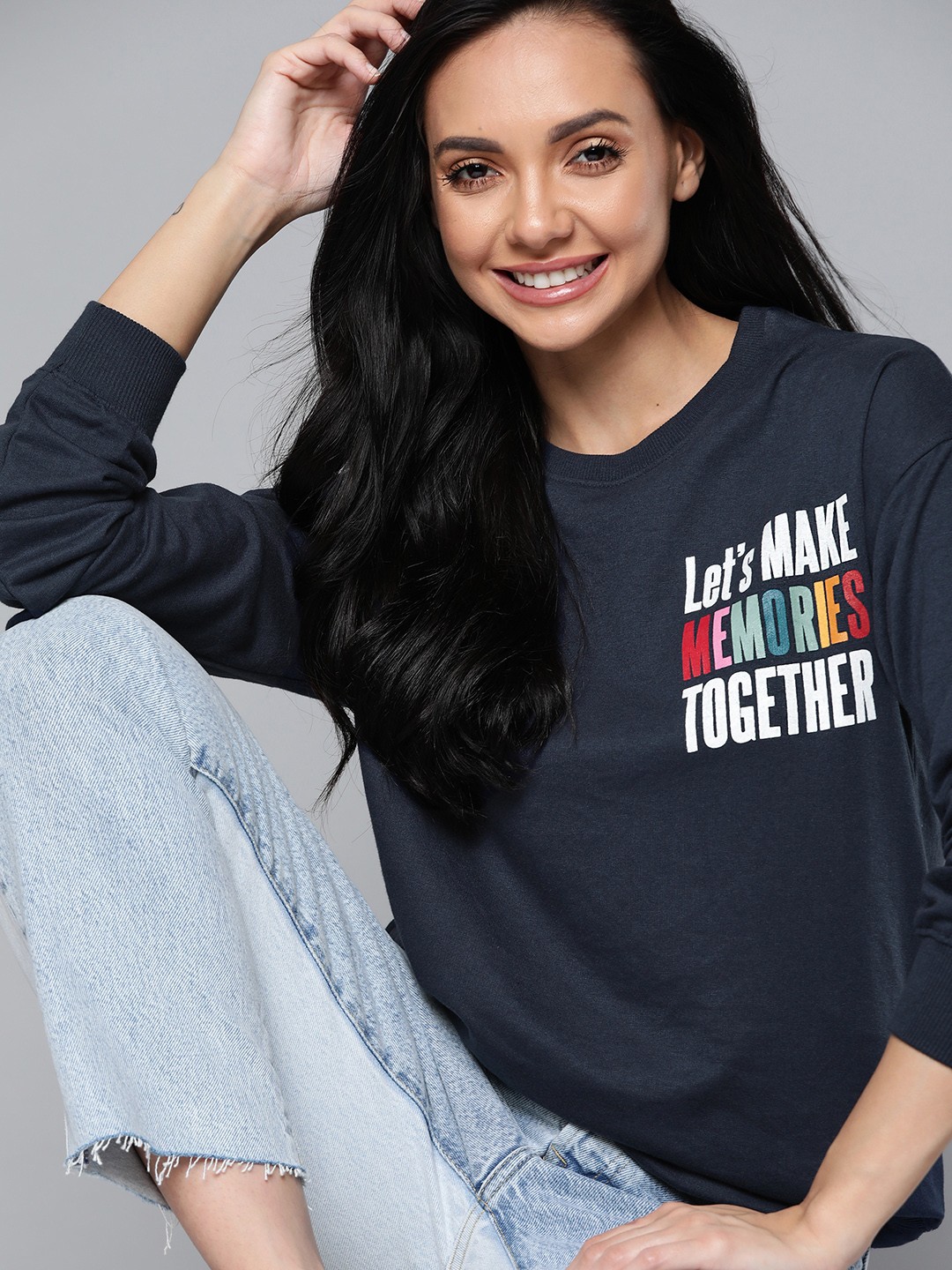

Mast & Harbour Women Navy Blue Printed Detail Relaxed Fit Sweatshirt
