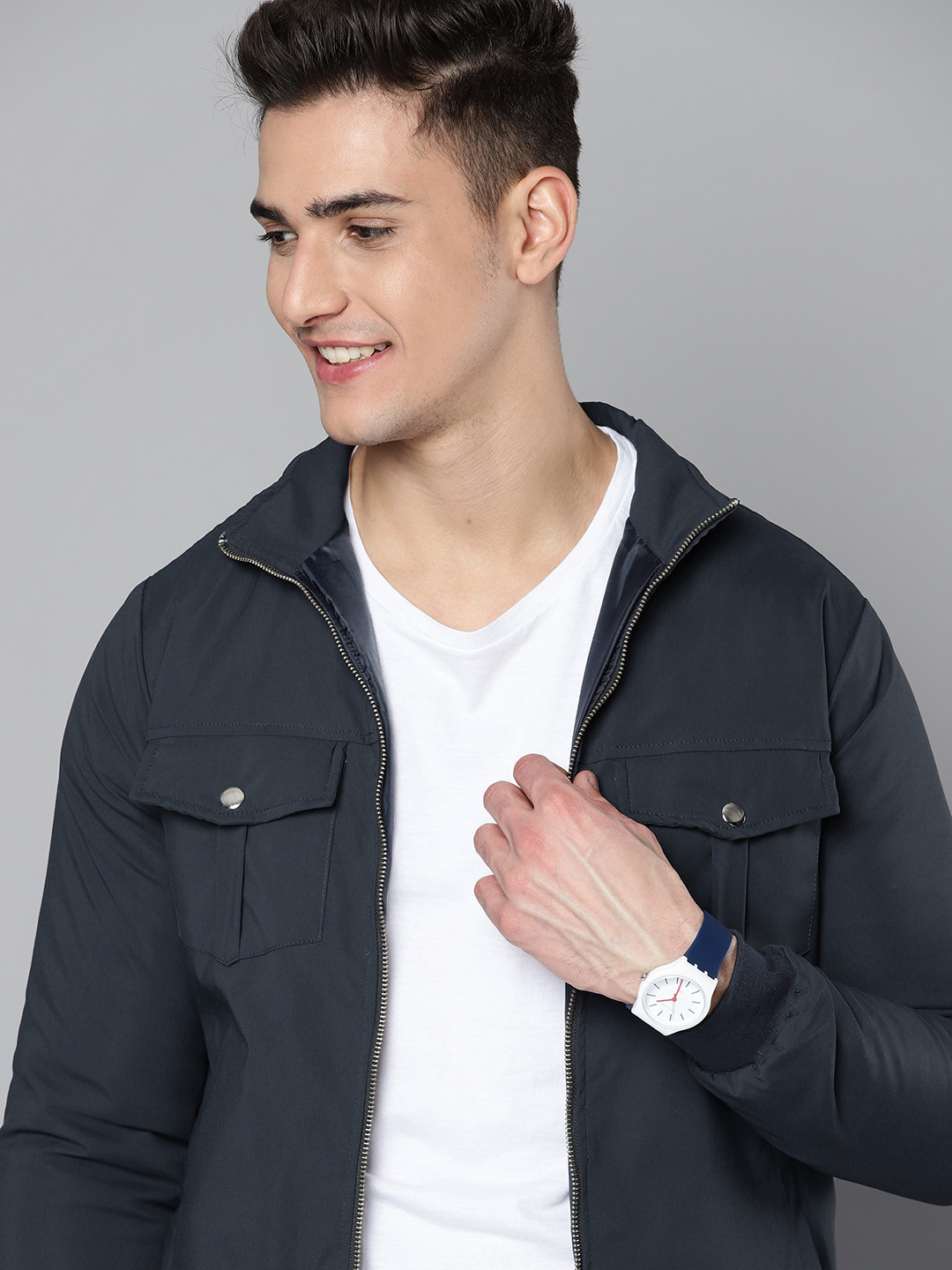 

Mast & Harbour Men Navy Blue Solid Padded Jacket