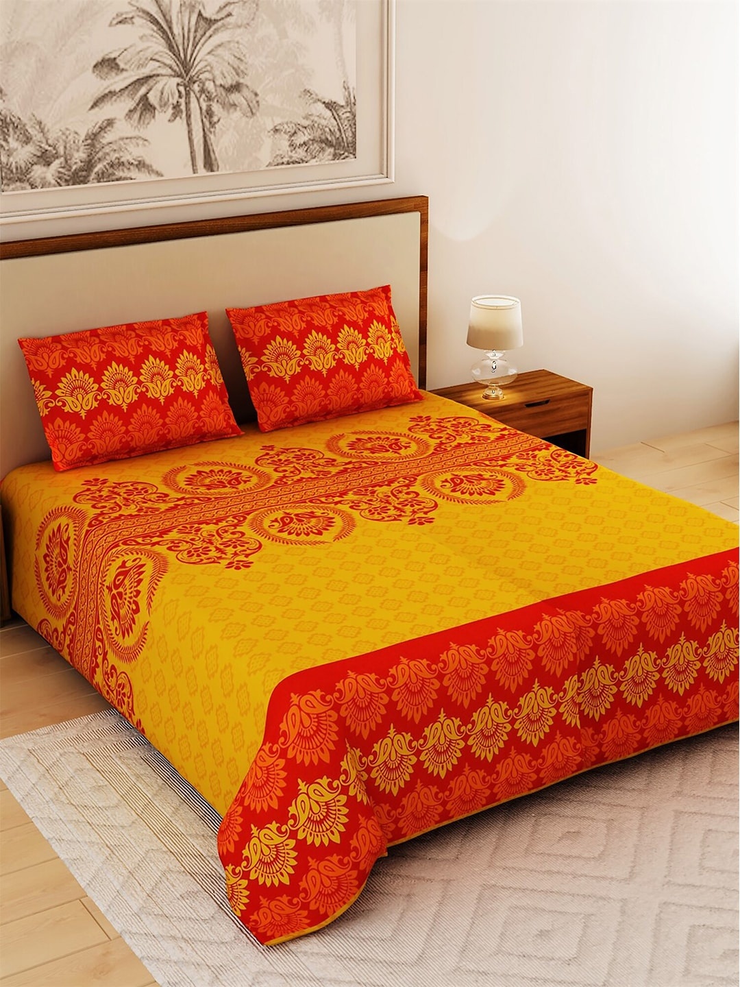 

Salona Bichona Yellow & Orange Ethnic Motifs 120 TC Cotton 1 King Bedsheet with 2 Pillow Covers