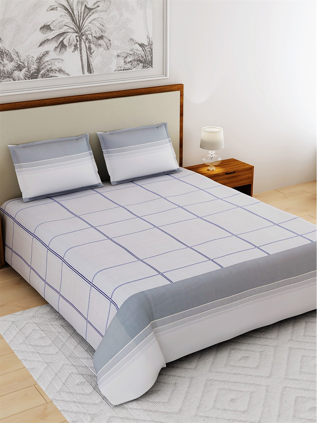 

Salona Bichona Grey & Blue Geometric 180 TC Cotton 1 King Bedsheet with 2 Pillow Covers