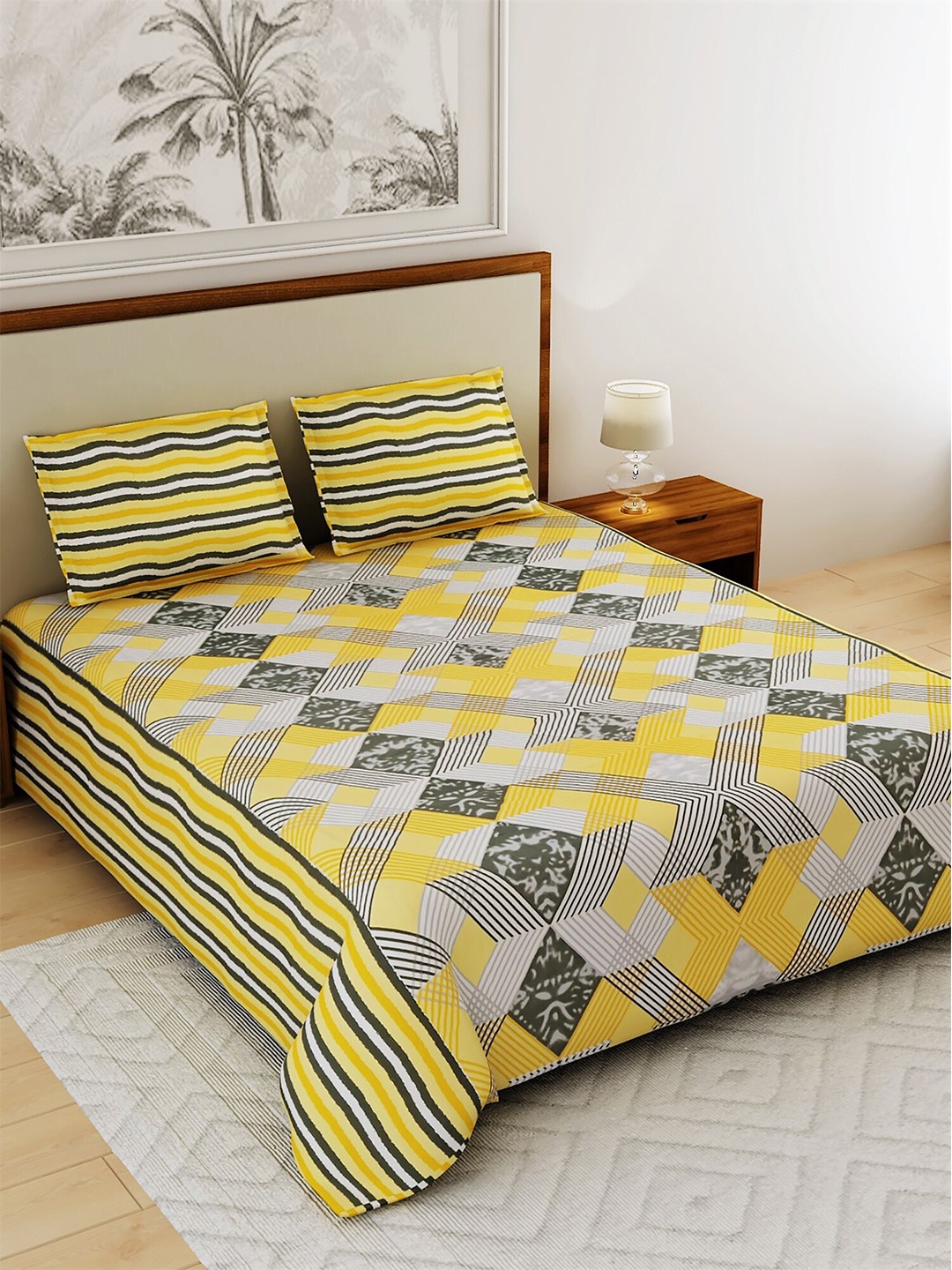 

Salona Bichona Yellow & Grey Geometric 104 TC Cotton 1 Queen Bedsheet with 2 Pillow Covers