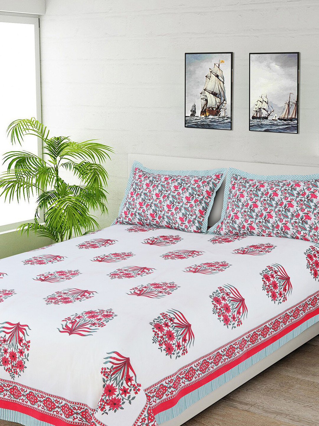 

Salona Bichona White & Pink Floral 144 TC Cotton 1 Queen Bedsheet with 2 Pillow Covers