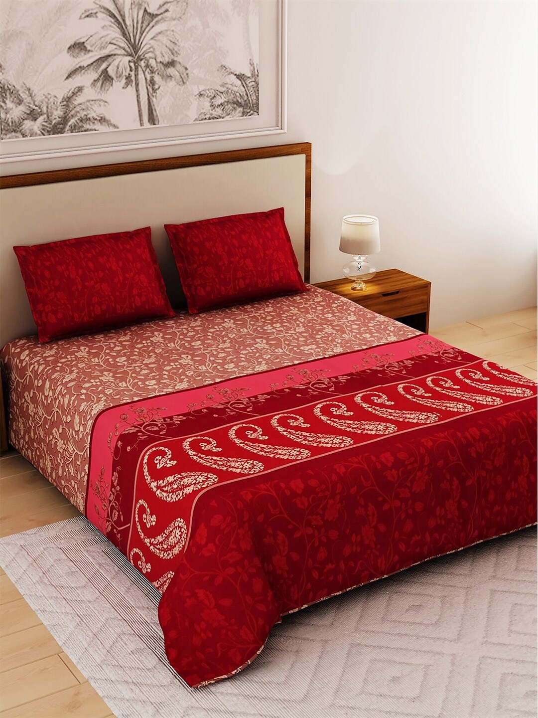 

Salona Bichona Maroon & Beige 120 TC Cotton 1 Double King Bedsheet with 2 Pillow Covers