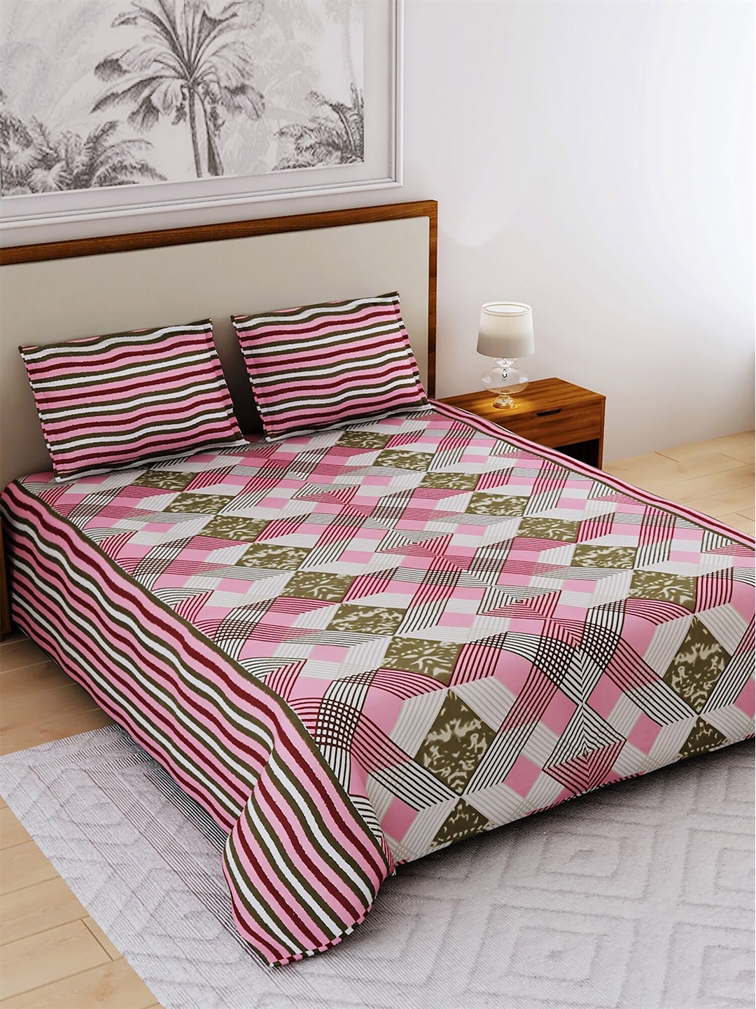 

Salona Bichona Pink & White Geometric 104 TC Cotton 1 Queen Bedsheet with 2 Pillow Covers