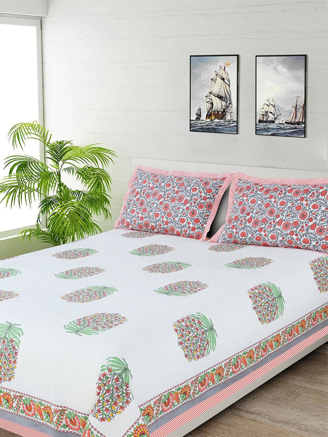 

Salona Bichona White & Pink Ethnic Motifs 144 TC Cotton 1 Queen Bedsheet & 2 Pillow Covers