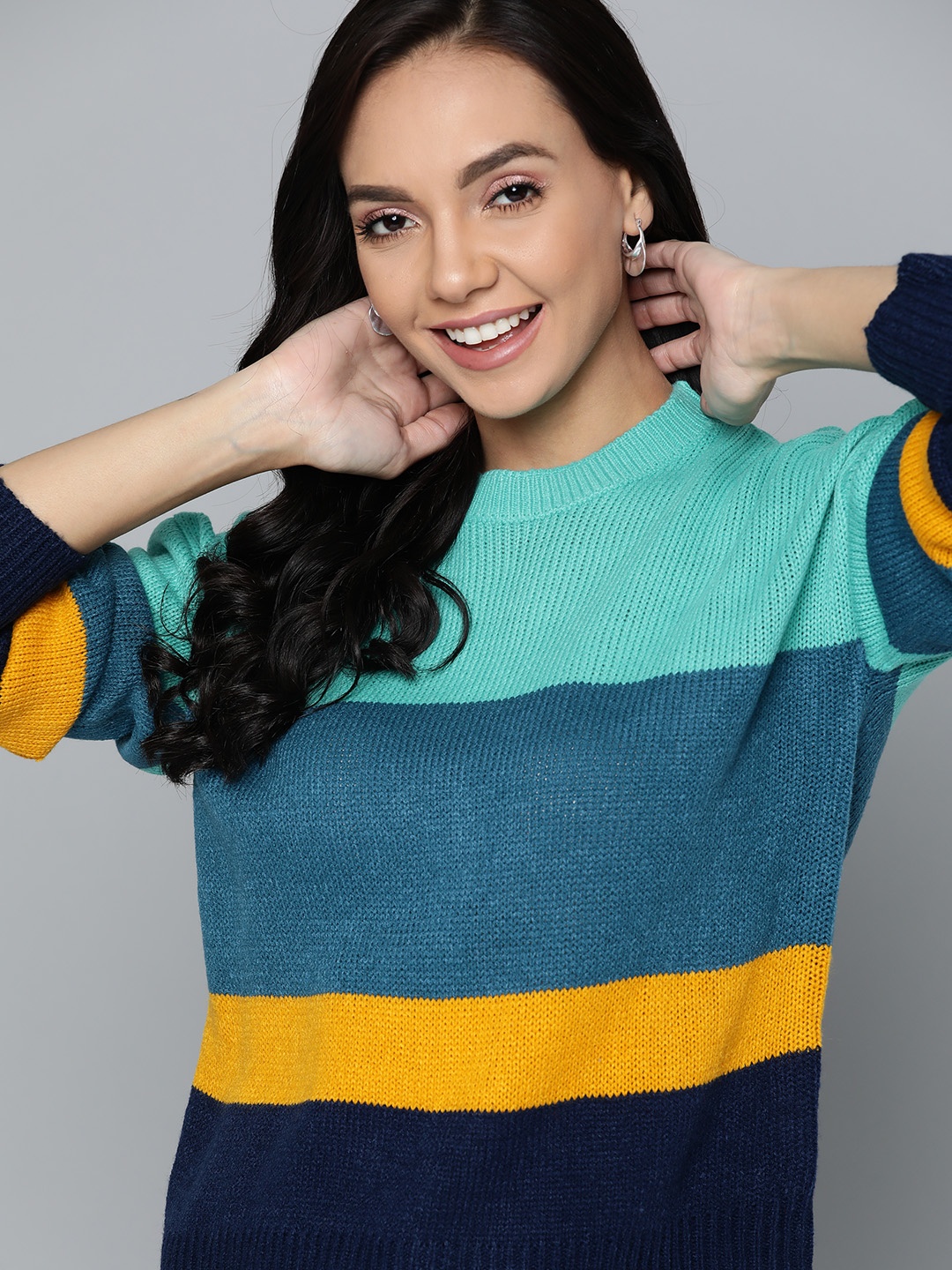 

Mast & Harbour Women Sea Green & Blue Colourblocked Pullover