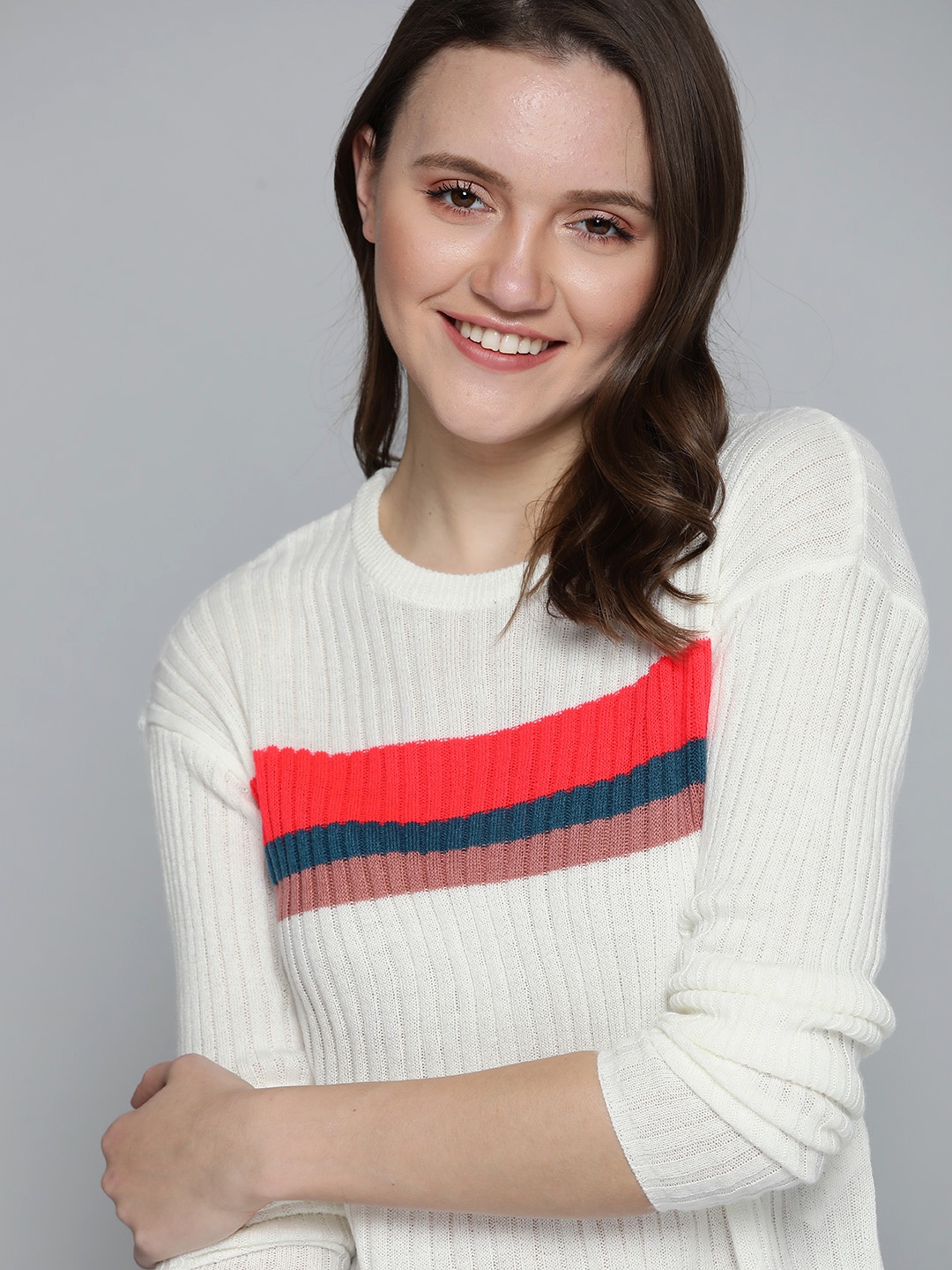 

Mast & Harbour Women Off White & Red Striped Pullover